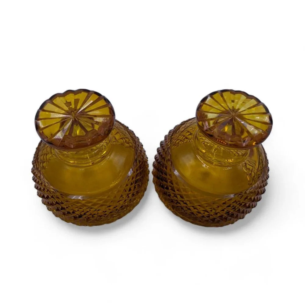 Vintage Amber Gold Glass Set of 2 Dessert Dish Cup Diamond Cut Design Bowls